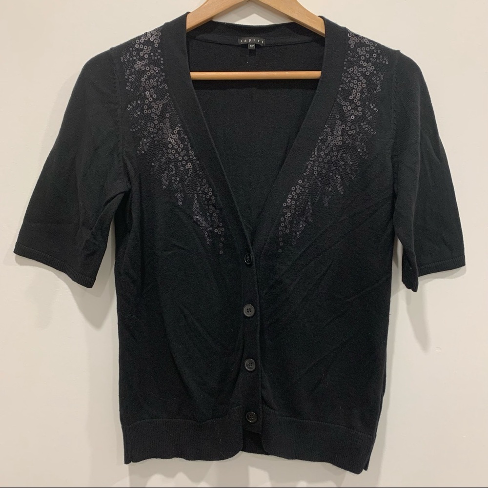 ☀️ 3/$15 Ispiri Black Short Sleeve Cardigan With Sequin Trim